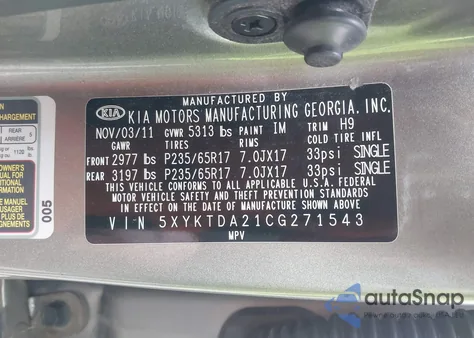 2012 Kia Sorento Lx V6 from USA, damaged, VIN 5XYKTDA21CG271543